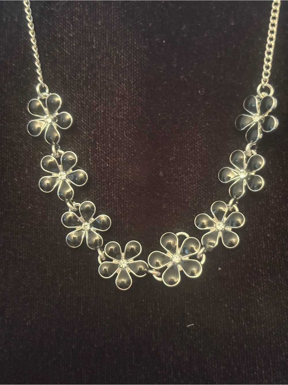 black and Silver Floral Statement Necklace - Silver chain with Flower Bib